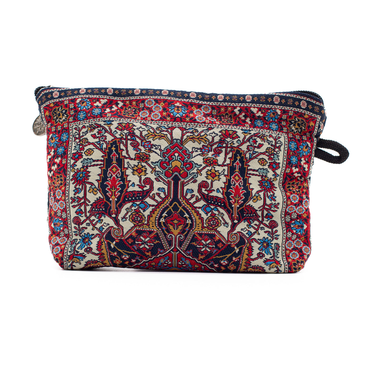 Decorative clutch bag with intricate colorful patterns on a white background.