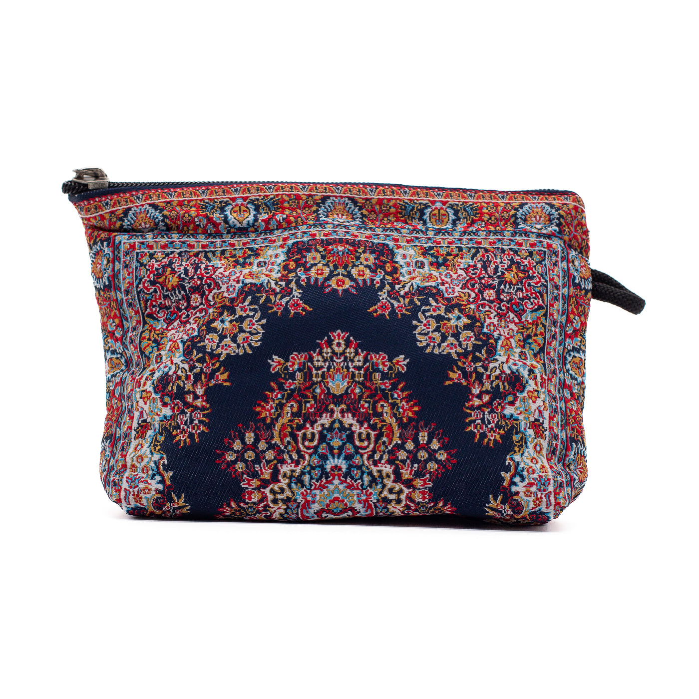 Multicolored patterned navy pouch on a white background