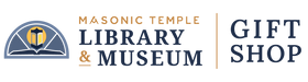 Logo for Masonic Temple Library & Museum Gift Shop with a book and lantern graphic.