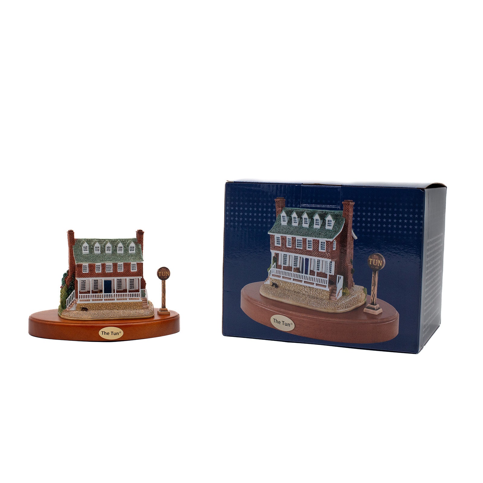 Miniature of the Tun and the item's box side by side. The Tun is a brick tavern building with fenced porch and metal tag reading "The Tun."