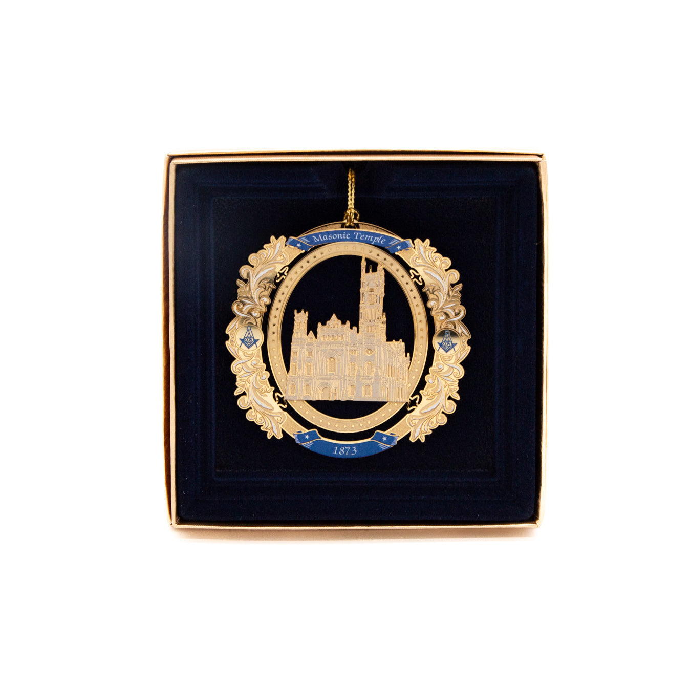 Decorative ornament with Masonic Temple in the center in a box