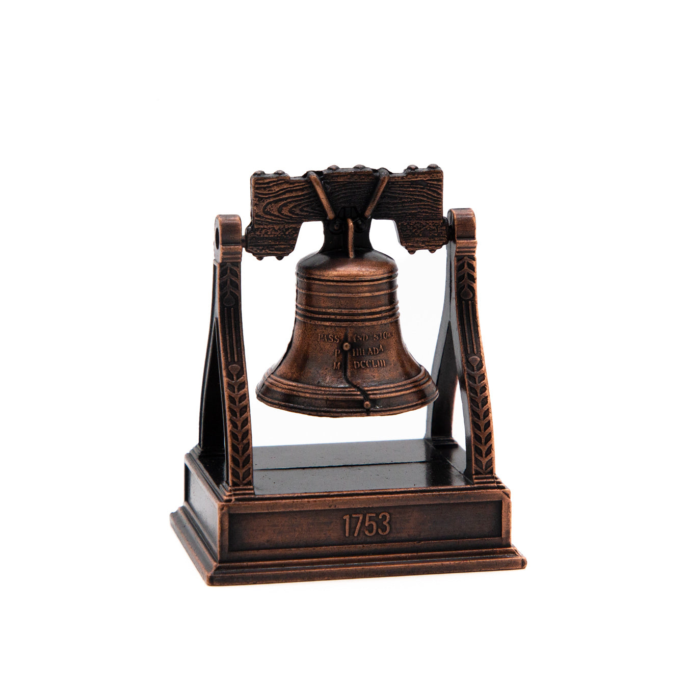 Bronze Liberty Bell replica on a stand with '1753' on a white background