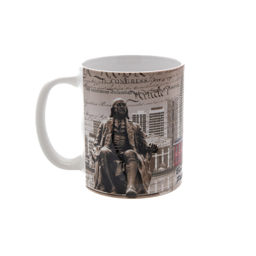 Mug with Ben Franklin statue and city design on a white background