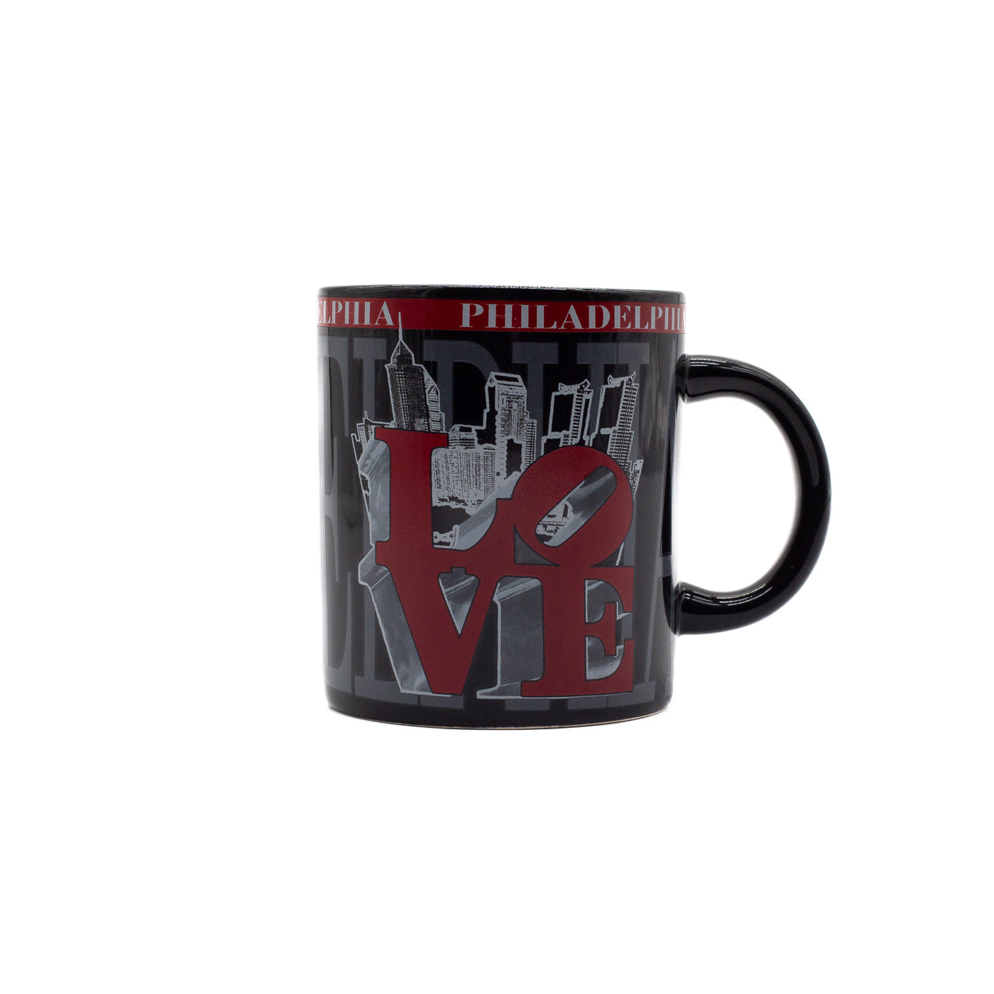 Black mug with 'Philadelphia' and city skyline design featuring the iconic red "LOVE" sculpture on a white background.
