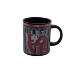 Black mug with 'Philadelphia' and city skyline design featuring the iconic red "LOVE" sculpture on a white background.