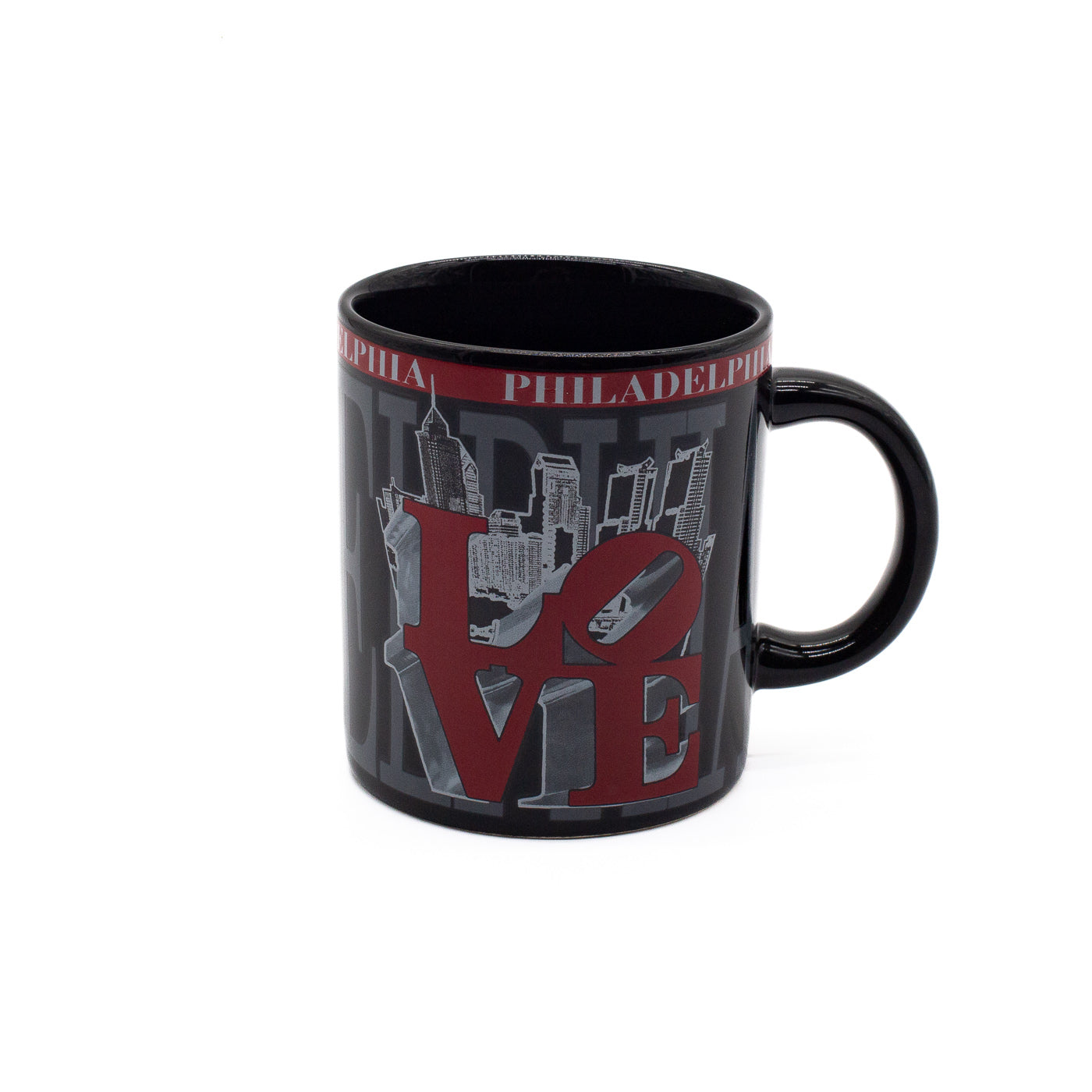Black mug with 'Philadelphia' and city skyline design featuring the iconic red "LOVE" sculpture on a white background.