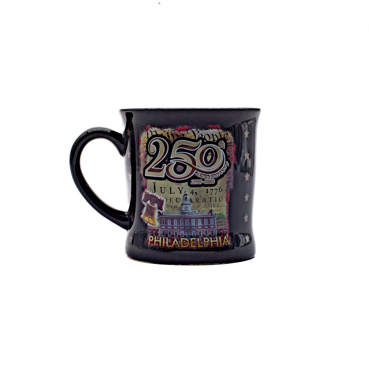 Black mug with a Philadelphia motif featuring Independence Hall with "250th" written in golden tones at the top.