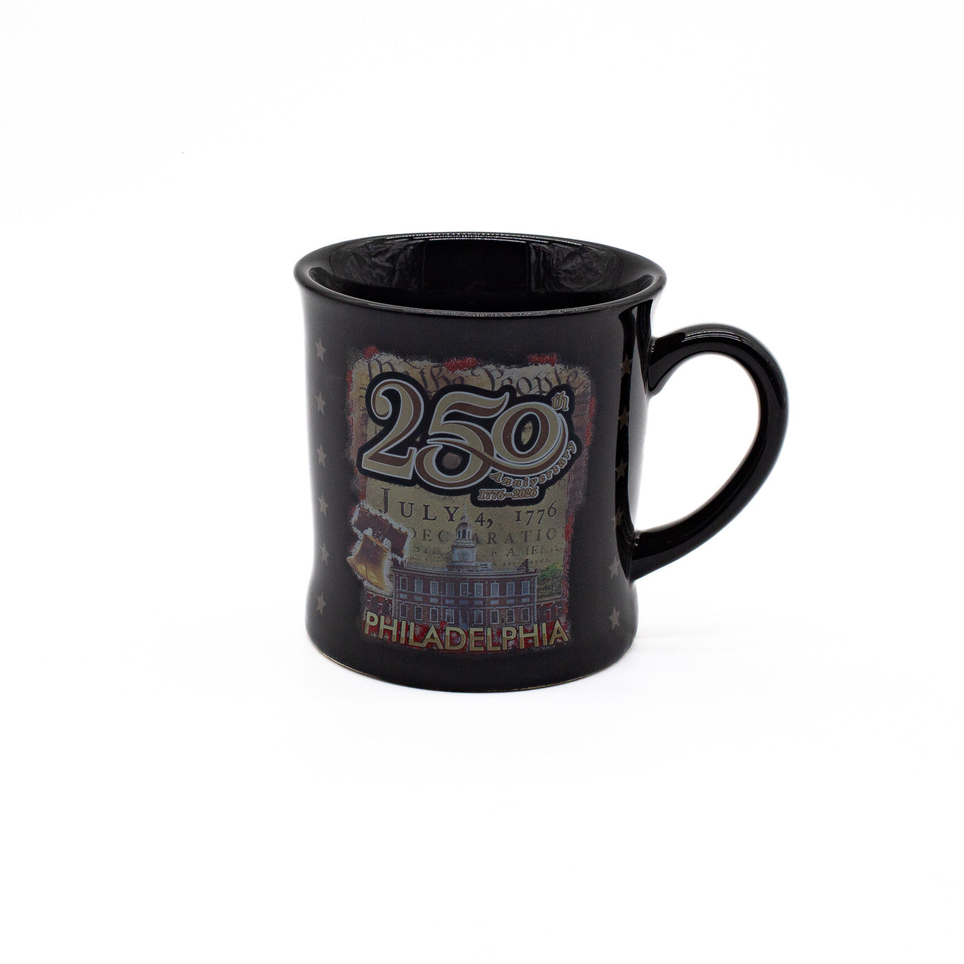 Black mug with a Philadelphia motif featuring Independence Hall with "250th" written in golden tones at the top.