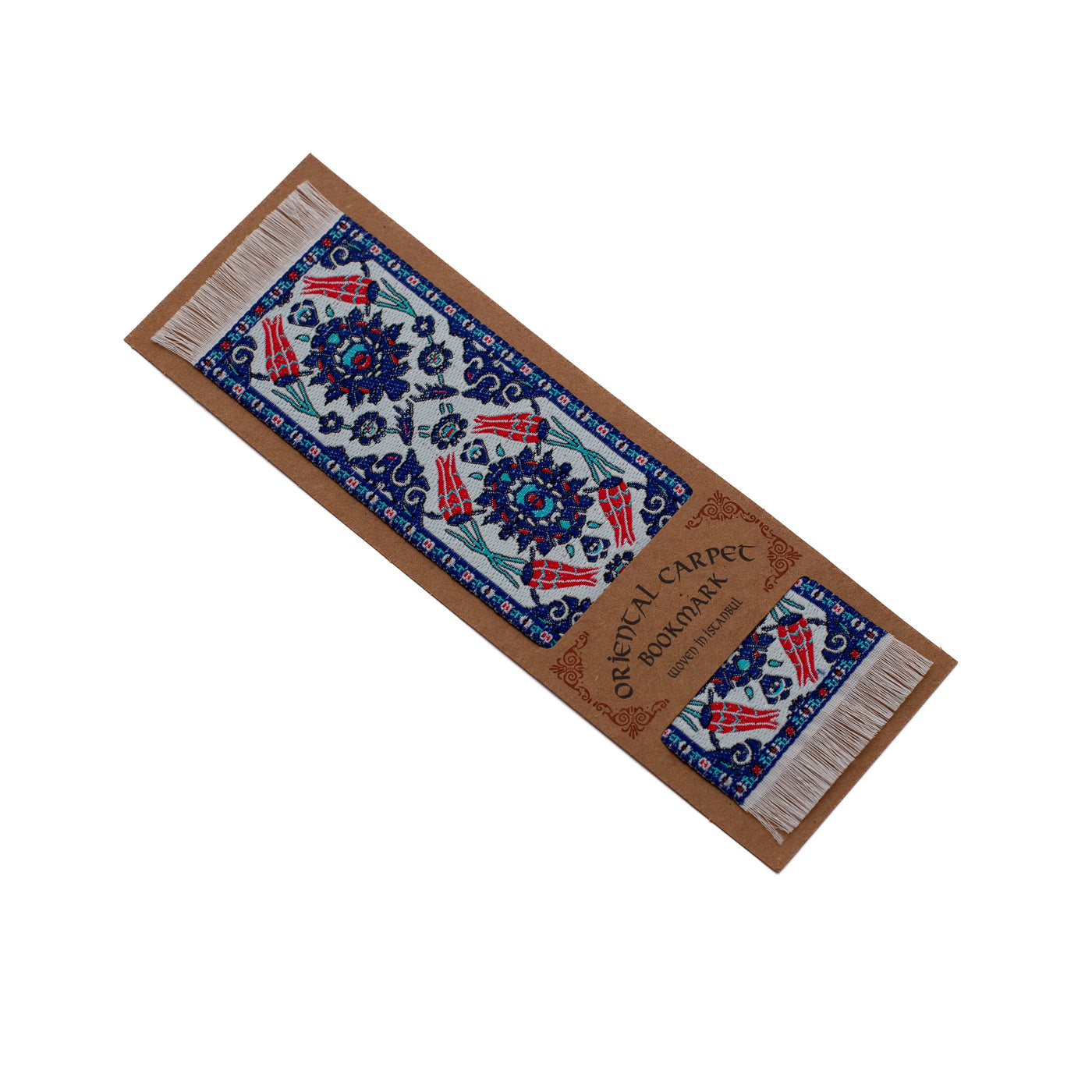 Oriental floral carpet bookmark with decorative pattern on a cardboard backing on a white background.