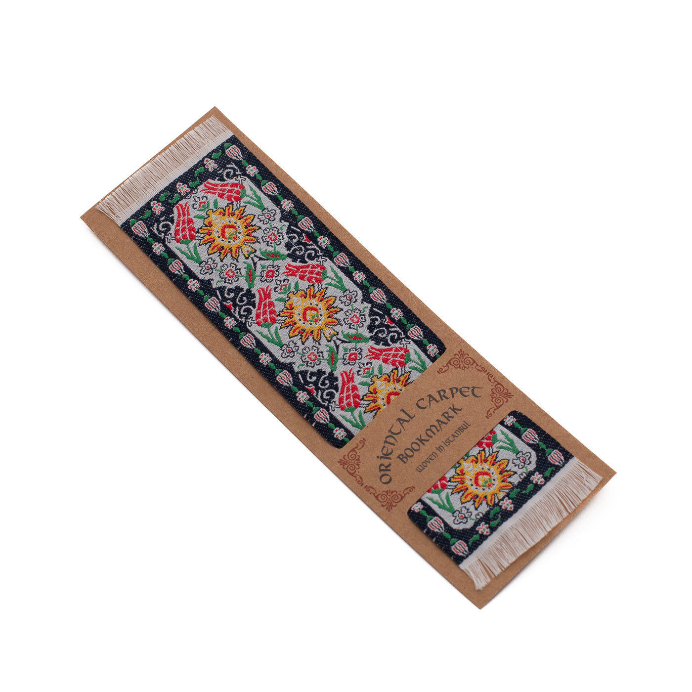 Decorative bookmark with floral patterns on a cardboard backing.