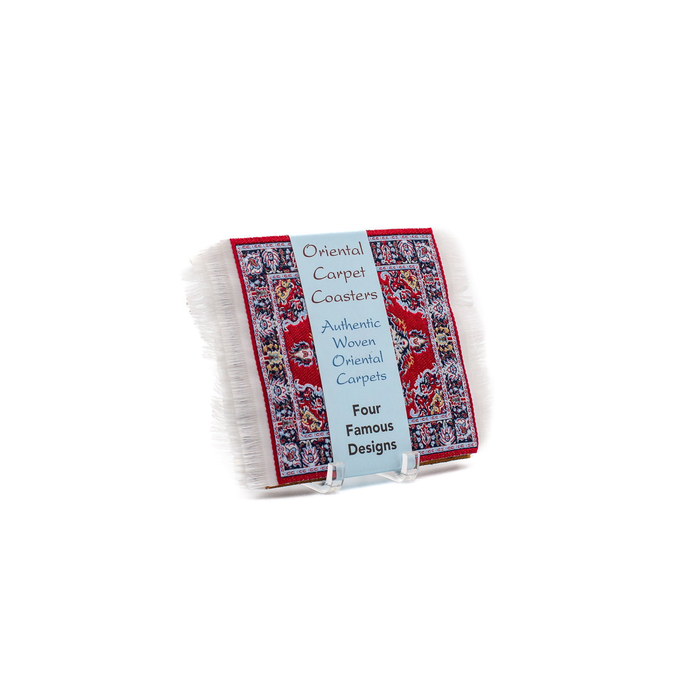 Set of red oriental carpet coasters wrapped in blue decorative packaging on a white background